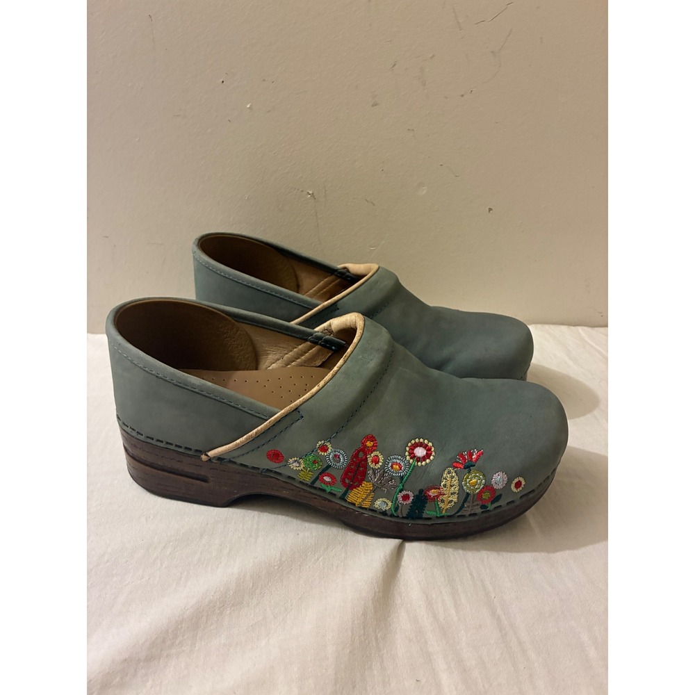 Dansko Womens Size 42 Embroidered Clogs Professional Green Nubuck Floral Leather